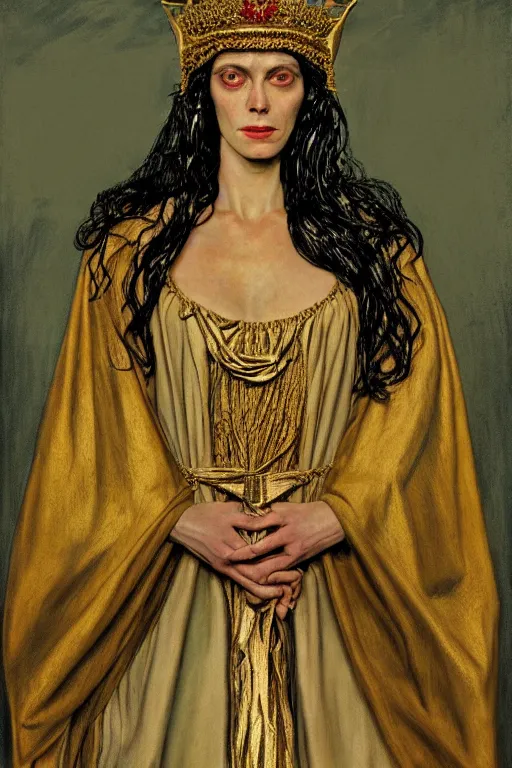 Image similar to Portrait of historically accurate, ancient biblical, sultry, sneering, evil, pagan, wicked, queen jezebel, wearing gilded robes, long hair, intricate, elegant, highly detailed, masterpiece, illustration, art by Andrew Wyeth, highly detailed, trending on artstation, award winning