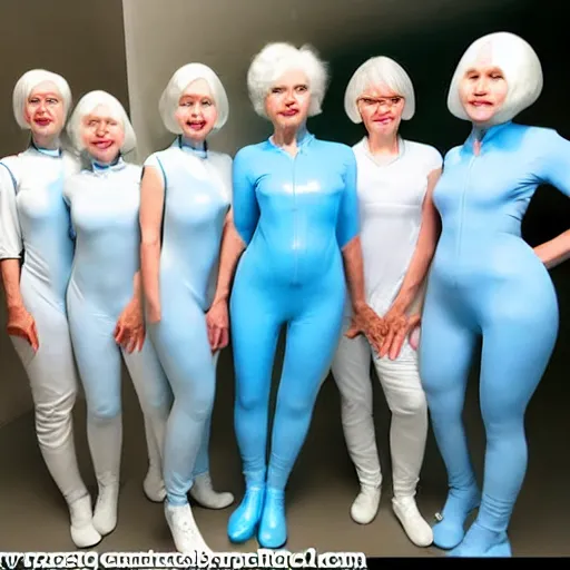 Prompt: troop 1 2 0 - year - old grannies with white bob hairdos, tight light blue latex body suits, futuristic cloning facility, sci - fi, highly detailed, cinematic