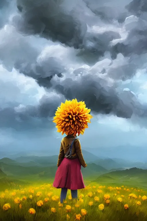 Prompt: closeup girl with massive yellow dahlia flower face, standing on mountain, surreal photography, blue storm clouds, dramatic light, impressionist painting, digital painting, artstation, simon stalenhag