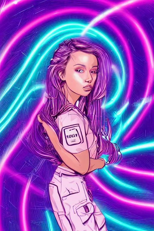 Image similar to a award winning half body portrait of a beautiful woman with stunning eyes in a croptop and cargo pants with ombre purple pink teal hairstyle and hands in pockets by thomas danthony, surrounded by whirling illuminated lines, outrun, vaporware, shaded flat illustration, digital art, trending on artstation, highly detailed, fine detail, intricate