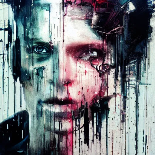 Image similar to a cyberpunk noir detective, skulls, wires cybernetic implants, machine noir grimcore in cyberspace photoreal, atmospheric by jeremy mann francis bacon and agnes cecile, ink drips paint smears digital glitches