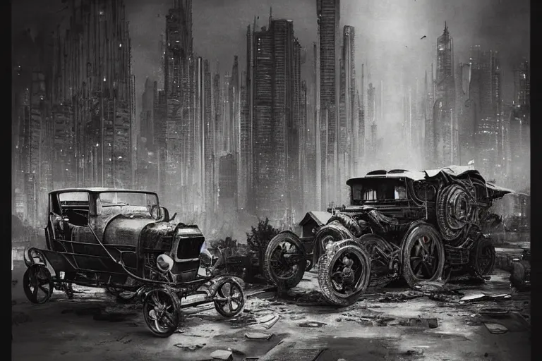 Prompt: cyberpunk 1 9 0 8 model ford t by paul lehr, jesper ejsing, metropolis, mad max, parked by view over city, vintage film photo, robotic, damaged photo, scratched photo, silent movie, black and white photo