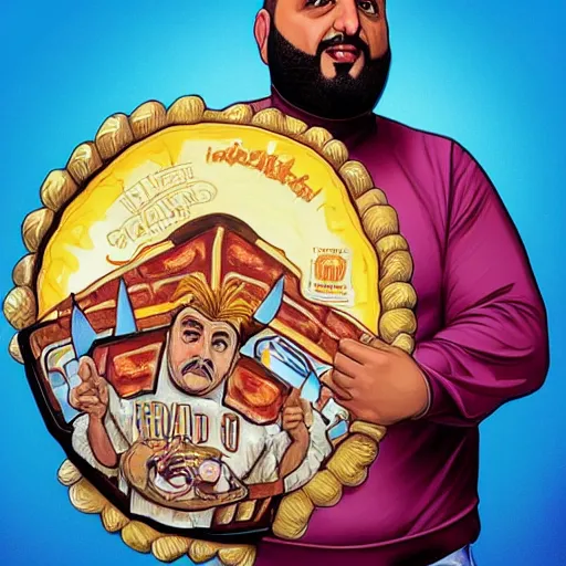 Image similar to portrait of DJ Khaled with groucho marx hairstyle holding a huge pizza as a Grand Theft Auto Cover, elegant, intricate, headshot, highly detailed, digital painting, artstation, concept art, sharp focus, illustration, art by artgerm and greg rutkowski and alphonse mucha