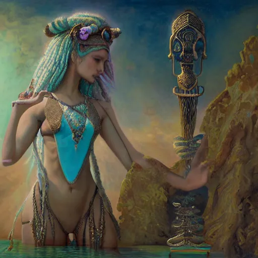 Prompt: sumerian goddess inanna ishtar, ashteroth, techno mystic goddess princess intergalactica, with aqua neon rapunzel dreadlocks, mami wata, atlantis, seapunk, detailed, by gaston bussiere, bayard wu, greg rutkowski, giger, maxim verehin, greg rutkowski, masterpiece, sharp focus,