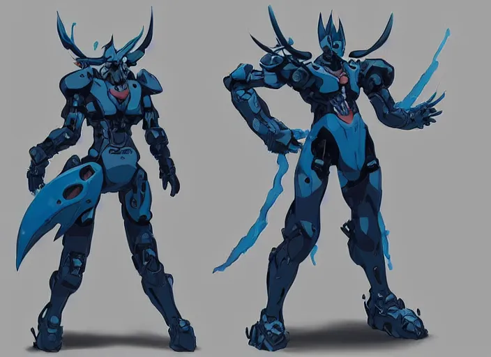 Prompt: character design digital 2 d action poses man viking evangelion pokemon cyborg blue armor by anna nikonova aka newmilky, greg rutkowski, yoji shinkawa, yoshitaka amano, tsutomu nihei, moebius, donato giancola, trending on artstation, featured on pixiv