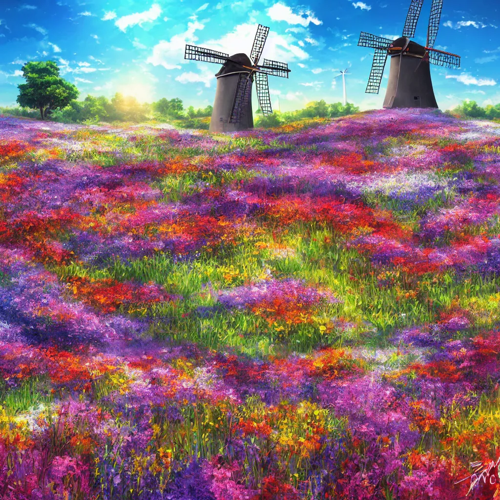 Prompt: scenic view of a flower meadow with a windmill, award - winning anime digital art