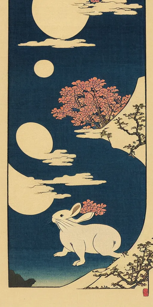 Prompt: an ukiyo - e style woodblock print of the rabbit in the moon, by katsushika hokusai and kawase hasui