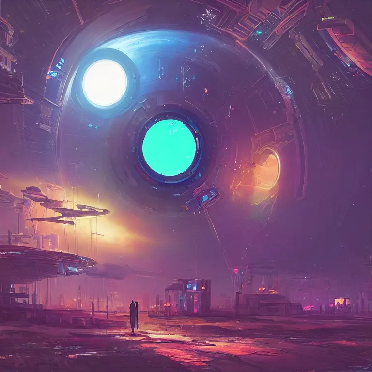 Prompt: a circle portal structure floating in outer - space, cyberpunk, epic surrealism, indigo, bright red, purple, cyan, lime green, detailed digital matte painting in the style of simon stalenhag and painting by ralph mcquarrie