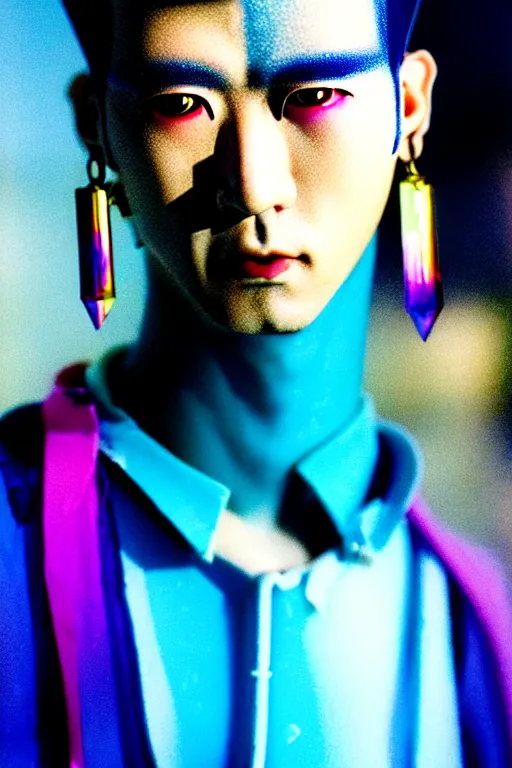 Image similar to a close - up risograph of cyberpunk japanese model men with black eyes and pretty face wearing lots of transparent and cellophane accessories, huge earrings, and queer make up, blue hour, twilight, cool, portrait, kodachrome, iso 1 2 0 0, photo by mayumi hosokura, style by moebius