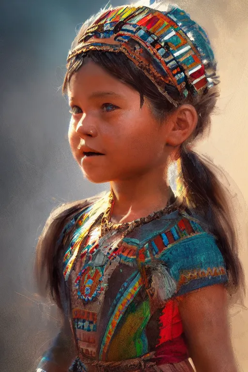 Image similar to aztec little girl, joyful, close - up portrait, intricate, elegant, volumetric lighting, scenery, digital painting, highly detailed, artstation, sharp focus, illustration, concept art, ruan jia, steve mccurry