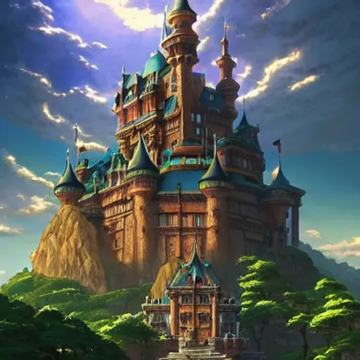 Image similar to An imposing and highly ornamented fantasy castle, Carved from Sapphire stone, Atmosphere, Dramatic lighting, Beautiful Landscape, Epic composition, Wide angle, by Makoto Shinkai and studio Ghibli