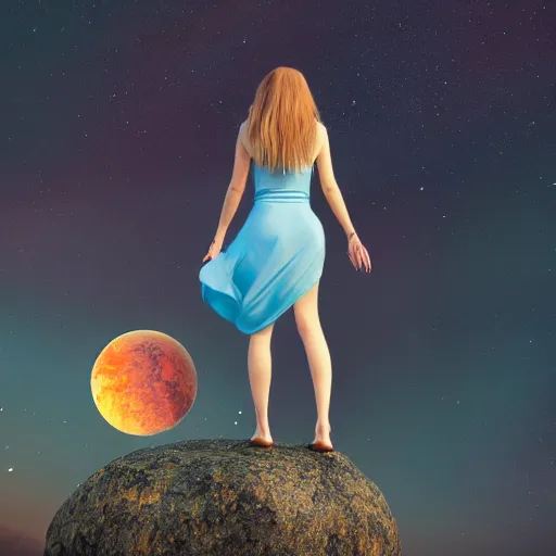 Image similar to A beautiful woman with long, flowy hair standing on a rock, witnessing two planets colliding in space. trending on artstation, artstation futurism, artstation photography, subsurface scattering, bottom view, 4k, 8k