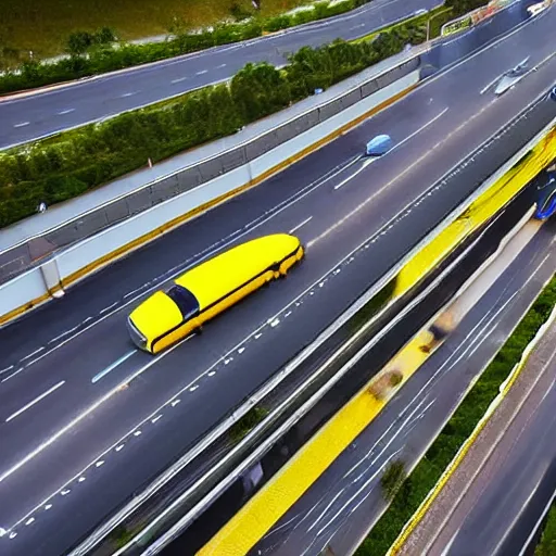 Image similar to banana-shaped car driving on busy highway, drone photograph