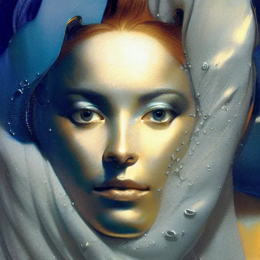 Image similar to a chrome woman's face in flowing sheets of cobalt blue gold chrome tpu silver satin, by moebius syd mead roger dean wojciech siudmak donato giancola yoshitaka amano ivan aivazovsky jan de heem pieter claesz paul delaroche alma tadema aelbert cuyp, hyperrealistic volumetric light render