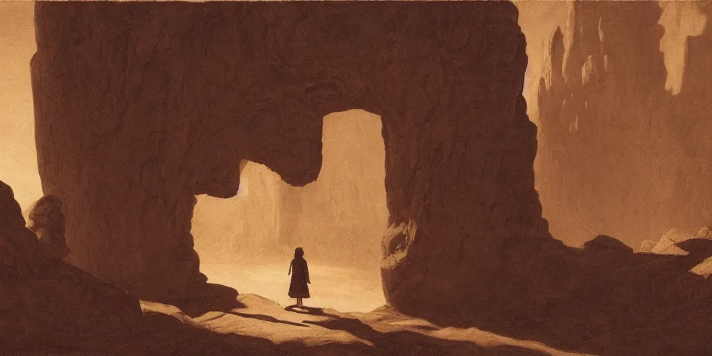 Image similar to a young girl stands next to a stone giant, shadow of the colossus, in front of a temple, in a large desert cave, dramatic lighting, hudson river school