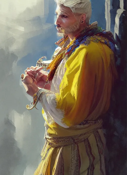 Image similar to a beautiful detailed painting of a gypsy male bard in colorful ornate robes robes, pale skin, white hair, yellow eyes, master of dreams art by jon foster trending on artstation painted by greg rutkowski, painted by stanley artgerm