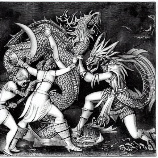 Image similar to woman barbarians slaying a silver dragon