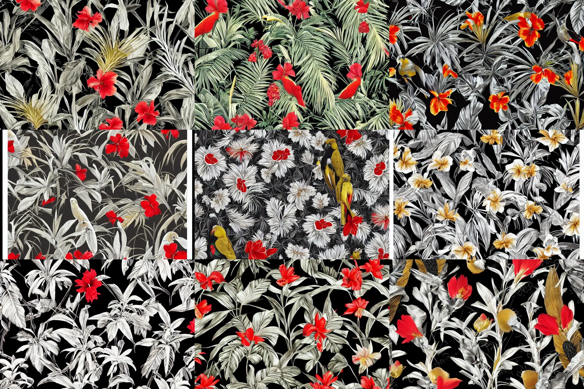 Prompt: photorealistic print of exotic, luxury, elegant tropical prints, isolated in a black background : : silver plants, golden flowers, red parrots, art nouveau, trending on creativemarket