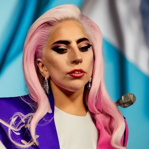 Image similar to Lady Gaga as president, Argentina presidential rally, Argentine flags behind, bokeh, giving a speech, detailed face, Argentina