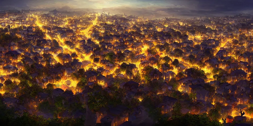 Image similar to beautiful night view of a town from a hill, award - winning digital art, anime