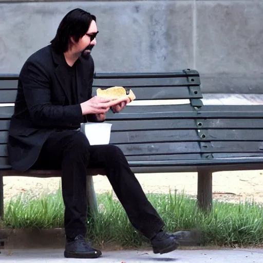 Prompt: Keanu Reeves eating sandwich on park bench