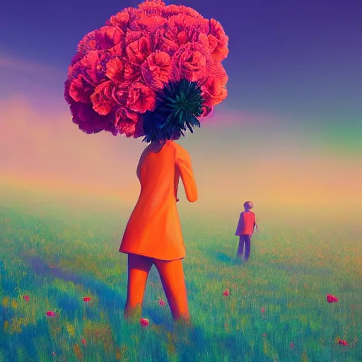 Image similar to giant carnation flower head girl, suit, desert, surreal photography, sunrise, dramatic light, impressionist painting, digital painting, artstation, simon stalenhag