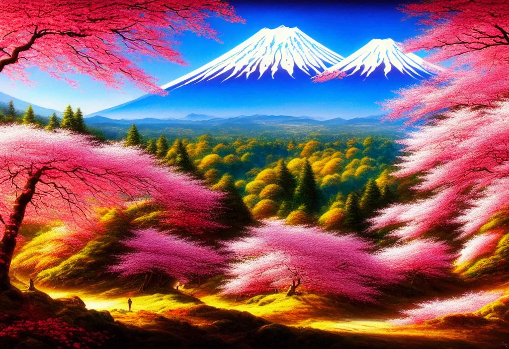 Image similar to a real photographic landscape painting with incomparable reality, wide angle, in forest, flowers, cherry blossom tree in full bloom, bright style, mount fuji, clearing, john howe, magnificent, artstation