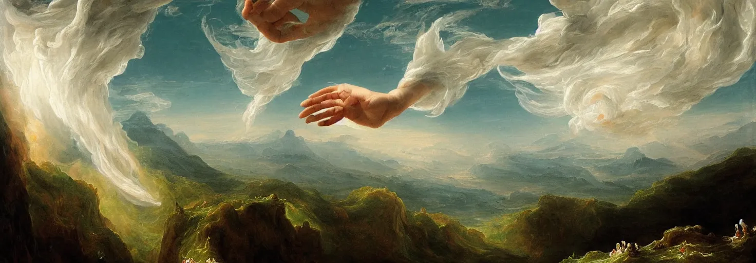 Image similar to a painting of a hand descending from the clouds demand payment for daily existence, in the style of an epic Thomas Cole painting