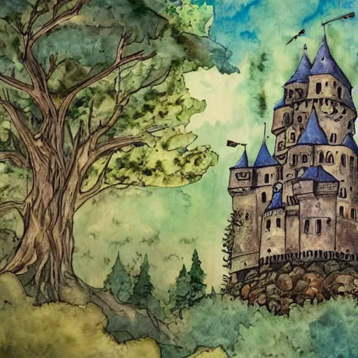 Image similar to laputa castle in the sky flies over the forest, watercolor illustration for a book