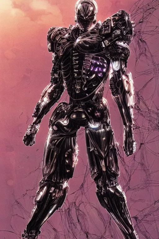 Image similar to cyborg warrior in nanosuit with powerful biological muscle augmentation, at dusk, a color illustration by tsutomu nihei and tetsuo hara