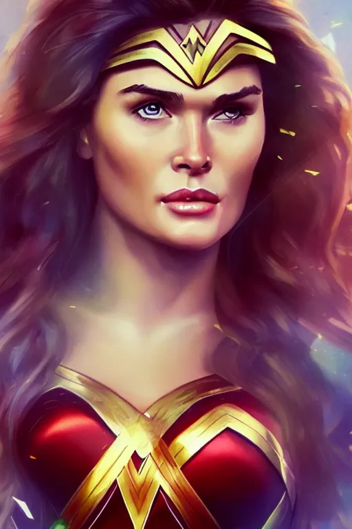 Image similar to portrait of a mix of beautiful young maria shriver, mariel hemmingway, brooke shields and elle macpherson as wonderwoman, thin lips, hair tied up in a pony tail, colorful artstation, cgsociety