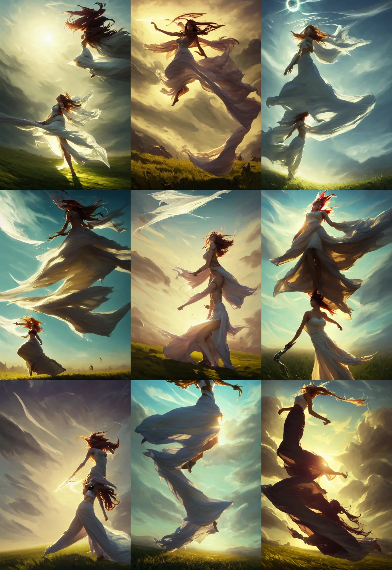 Image similar to league of legends and warframe art, single levitating girl in white maxi dresses between clouds above green fields in sunset light, big long cloth on the wind, close up portrait, elegant, intricate, digital painting, artstation, concept art, golden hour, epic composition, smooth, sharp focus, illustration, art by ed mell and Daniel F. Gerhartz and Jacek Malczewski and gustav klimt, Tibor Nagy
