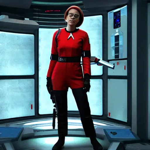 Prompt: Jess bush as nurse chapel from Star Trek: strange new worlds holding a gun after a fight in night city, cyberpunk, 8k ultra realistic, award winning, unreal engine 5, masterpiece