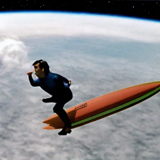 Prompt: carl sagan surfing on a rocket in outer space.