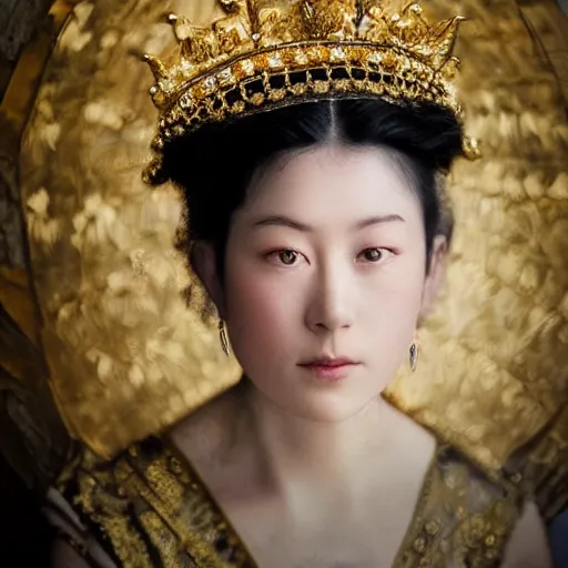 Image similar to a wide full shot, russian and japanese mix 1 9 0 0 s historical fantasy of a photograph portrait taken of a royal gold leaf tiara with intertwined white feathers, photographic portrait, warm lighting, from an official photographer from the royal museum. displayed in a museum.