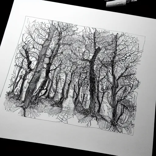 Image similar to forest, detailed intricate sketch, 4k, illustration, cross hatched, black ink on white paper