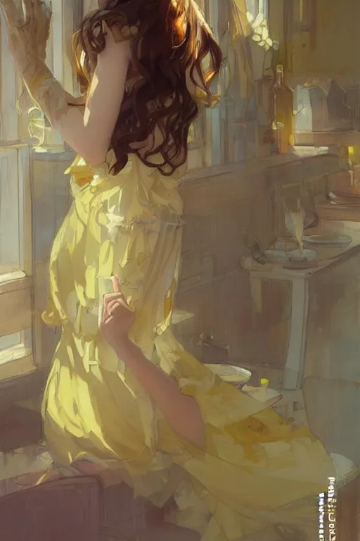 Image similar to A girl in a maid's outfit in a cafe a afternoon, wavy hair yellow theme,S line,45 angel by krenz cushart and mucha and wlop and greg rutkowski