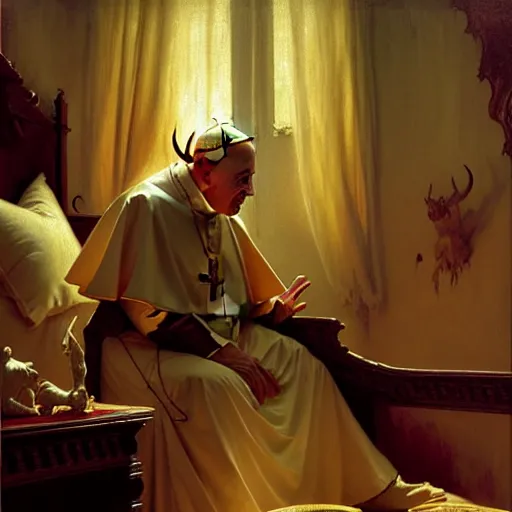 Image similar to the pope wakes up is his bed, sweating, nervous, terrified, because a double horned shadow demon lurks in the papal bedroom. highly detailed painting by gaston bussiere, j. c. leyendecker, greg rutkowski, craig mullins 8 k