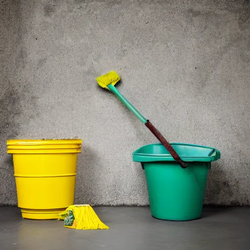 Prompt: slushy made out of grayish brown dirty water, next to a yellow bucket and mop, flash photography