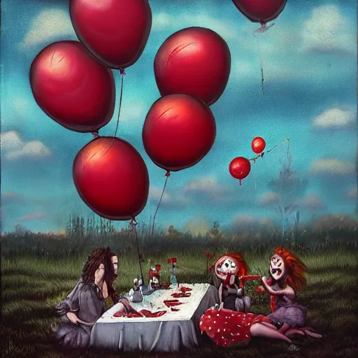 Image similar to grunge painting of a picnic with a wide smile and a red balloon by chris leib, loony toons style, pennywise style, corpse bride style, horror theme, detailed, elegant, intricate, conceptual, volumetric light