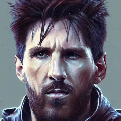 Image similar to portrait of lionel messi by greg rutkowski, mech suit, messy blond hair, beard, tall and muscular, star wars expanded universe, he is about 3 0 years old, wearing a flying jacket, distrustful and arrogant, highly detailed portrait, digital painting, artstation, concept art, smooth, sharp foccus ilustration, artstation hq