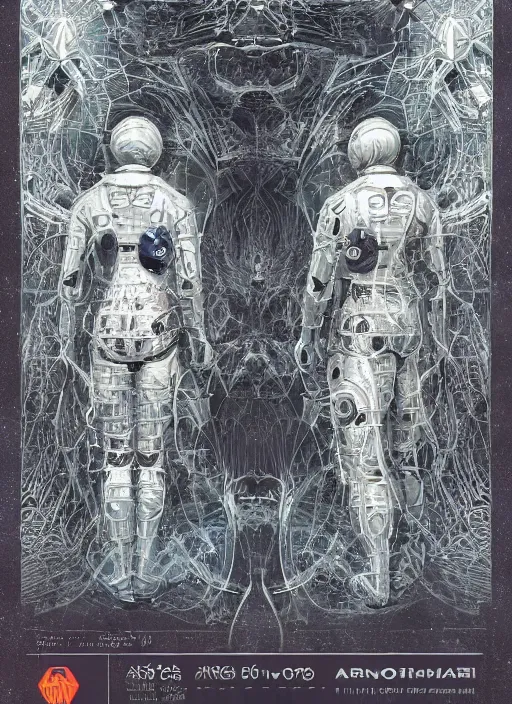 Image similar to symmetrical astronauts in dark and empty void underwater - complex and hyperdetailed technical suit. reflection and dispersion materials. rays and dispersion of light. volumetric light. 5 0 mm, f / 3 2. noise film photo. flash photography. ultra realistic, wide angle. poster by wayne barlowe, hajime sorayama aaron horkey, craig mullins