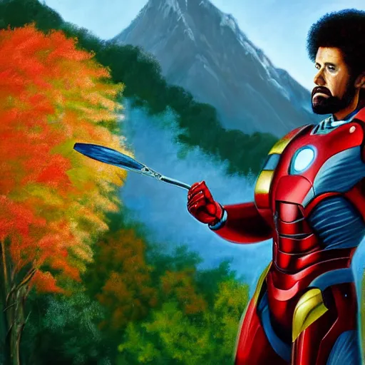 Prompt: a closeup photorealistic photograph of bob ross holding a paintbrush and diligently finishing a canvas painting of iron man. mountains and trees. film still. brightly lit scene. this 4 k hd image is trending on artstation, featured on behance, well - rendered, extra crisp, features intricate detail, epic composition and the style of unreal engine.