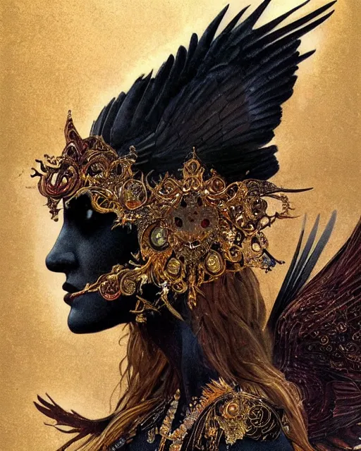 Image similar to goddess of crows, unusual beauty, emotionally evoking symbolic metaphors, head in focus, fantasy, ornamental, intricate, elegant, sensual, highly detailed digital painting, artstation, concept art, painterly, golden ratio, sharp focus, illustration, art by John Collier and Krenz Cushart and Artem Demura and and Greg Rutkowski and Alphonse Mucha and Albert Aublet