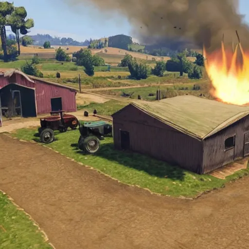 Image similar to a small vintage farm on fire in a field in the style of GTA V, gameplay footage