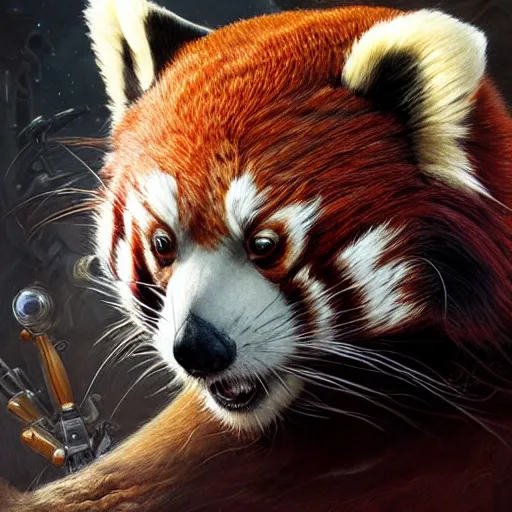 Image similar to epic portrait of red panda cyborg, detailed, digital painting, artstation, concept art, donato giancola, joseph christian leyendecker, wlop, boris vallejo, breathtaking, high details, extremely detailed, sincere face, establishing shot, artistic, hyper realistic, beautiful face, octane render