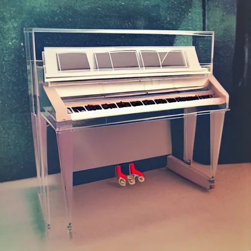 Image similar to a Polaroid photo of a transparent perspex piano, beams of light, nostalgic