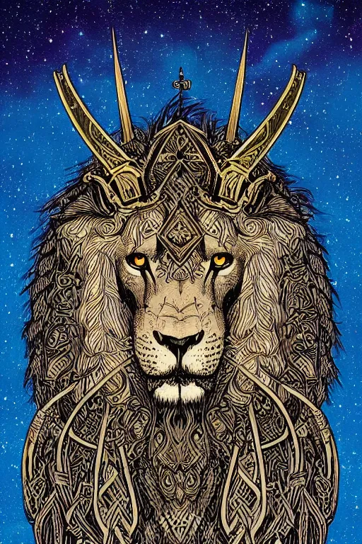 Prompt: beautiful tarot card of a viking lion by Dan Mumford, by Jim Fitzpatrick, by joe wilson, featured on deviant art, trending on artstation