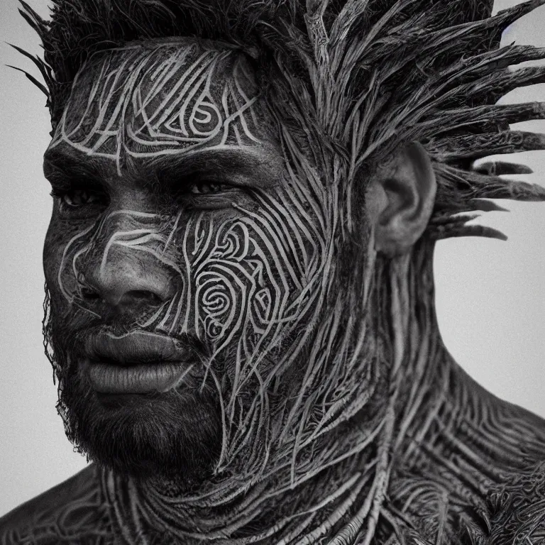 Image similar to surreal spinal ribbed tribal exotic organic face portrait of a beautiful aboriginal man, beautiful detailed intricate insanely detailed BW 3D render digital art, octane render, 8K artistic photography, photorealistic