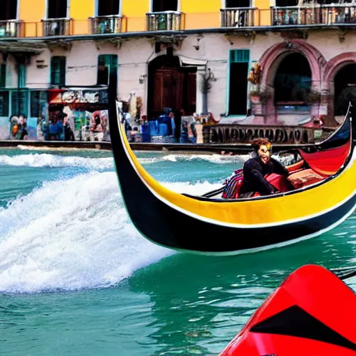 Prompt: radical italian man riding his gondola on a tidal wave, radical, colourful, ocean, gondola riding